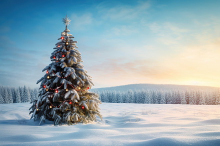 Decorated christmas fir tree in a snowy winter, a Holiday Photo by AlyaAnd