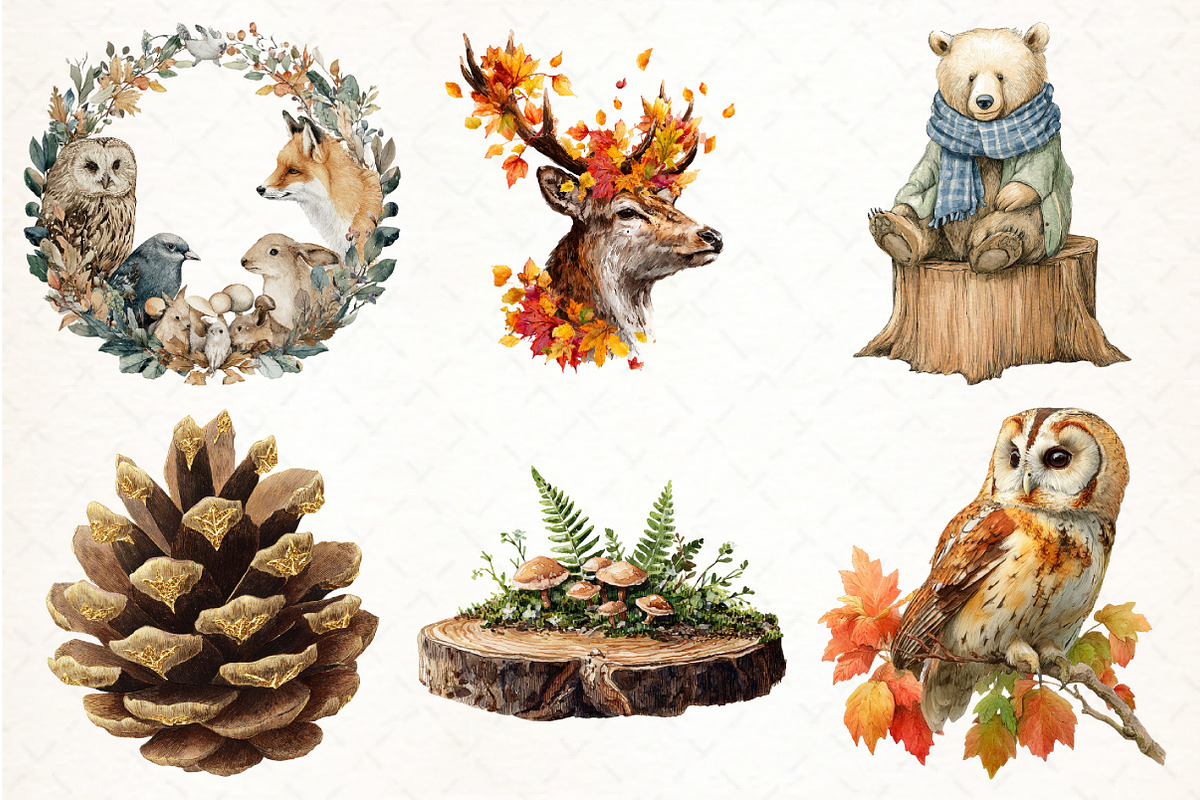 Watercolor Fall Woodland Clipart, an Illustration by Pixels.Craft (Photo 3 of 7)