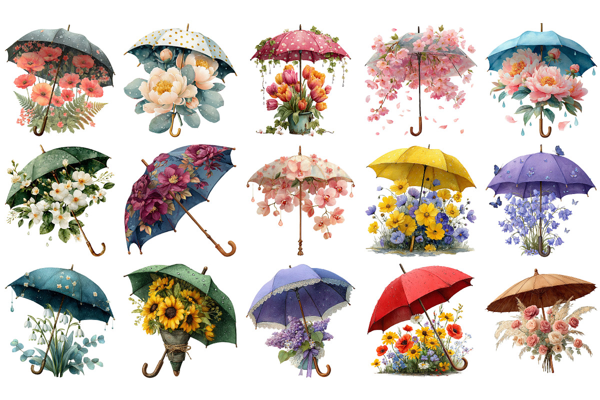 Umbrella Flowers Clip Arts, an Illustration by Craft Nest (Photo 2 of 4)