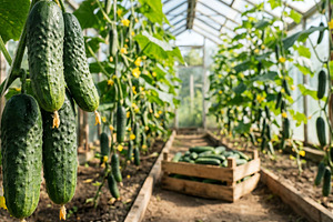Green cucumbers growing on greenhous, a Food & Drink Photo by Volff