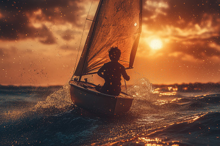 A silhouette of a child sailing a small boat during sunset, with vibrant orange, a Person Photo by Textures & Backgrounds