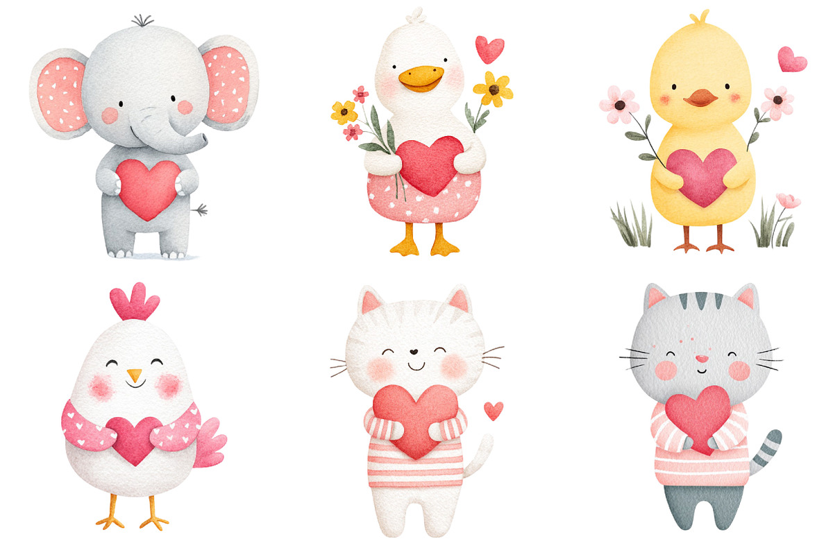 Watercolor Valentine Animals Clipart, an Illustration by Dream Creation (Photo 7 of 7)