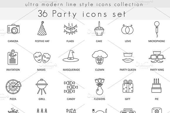 36 Party Modern Line Icons Set.