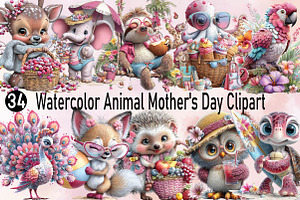 Watercolor Animal Mother's Day Clipa, an Illustration by SVGArt