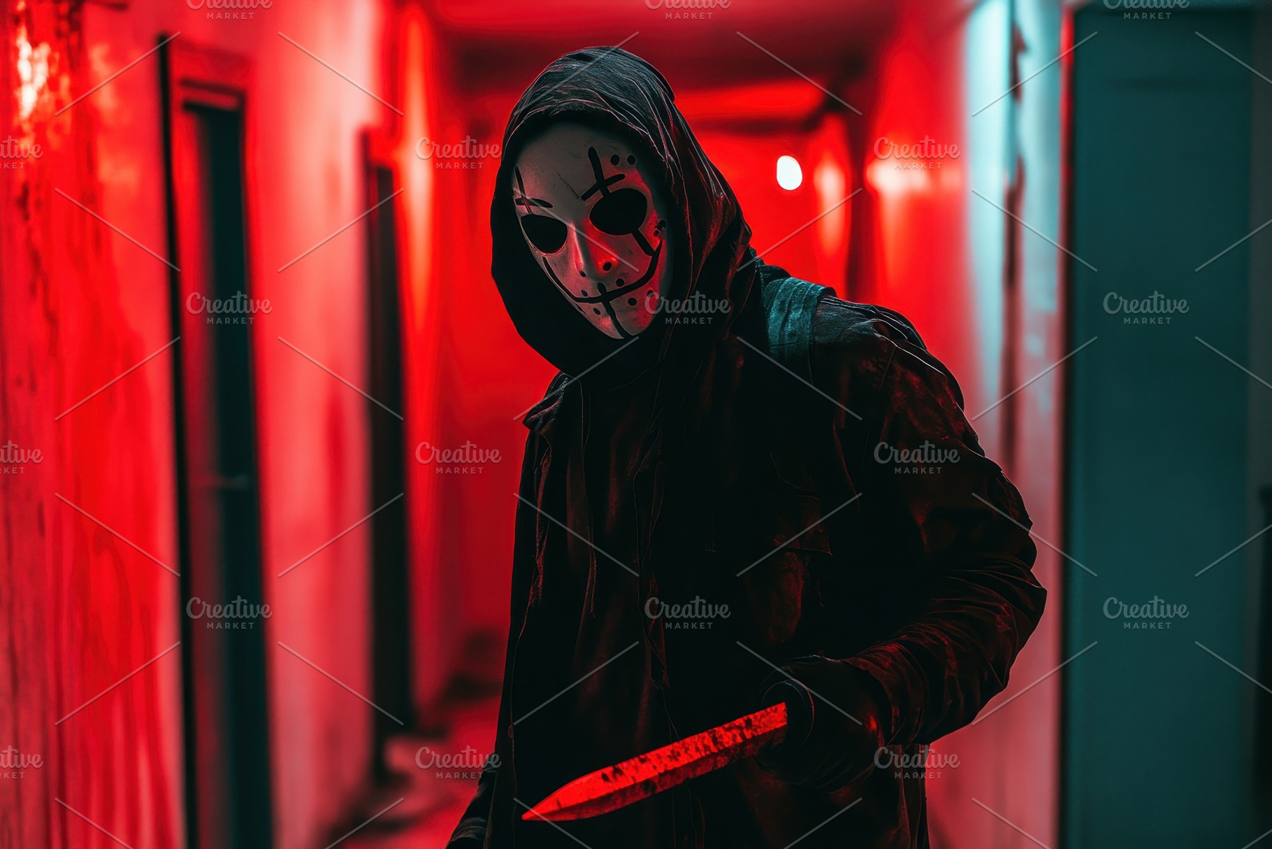 Masked killer stands in a dimly lit, a Photo by Pavel_design