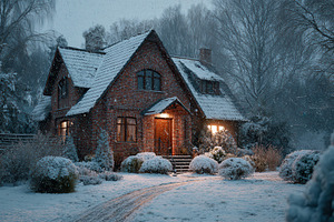 Cozy Brick House Winter Snowfall Nig, an Abstract Photo by Pixeness Studio