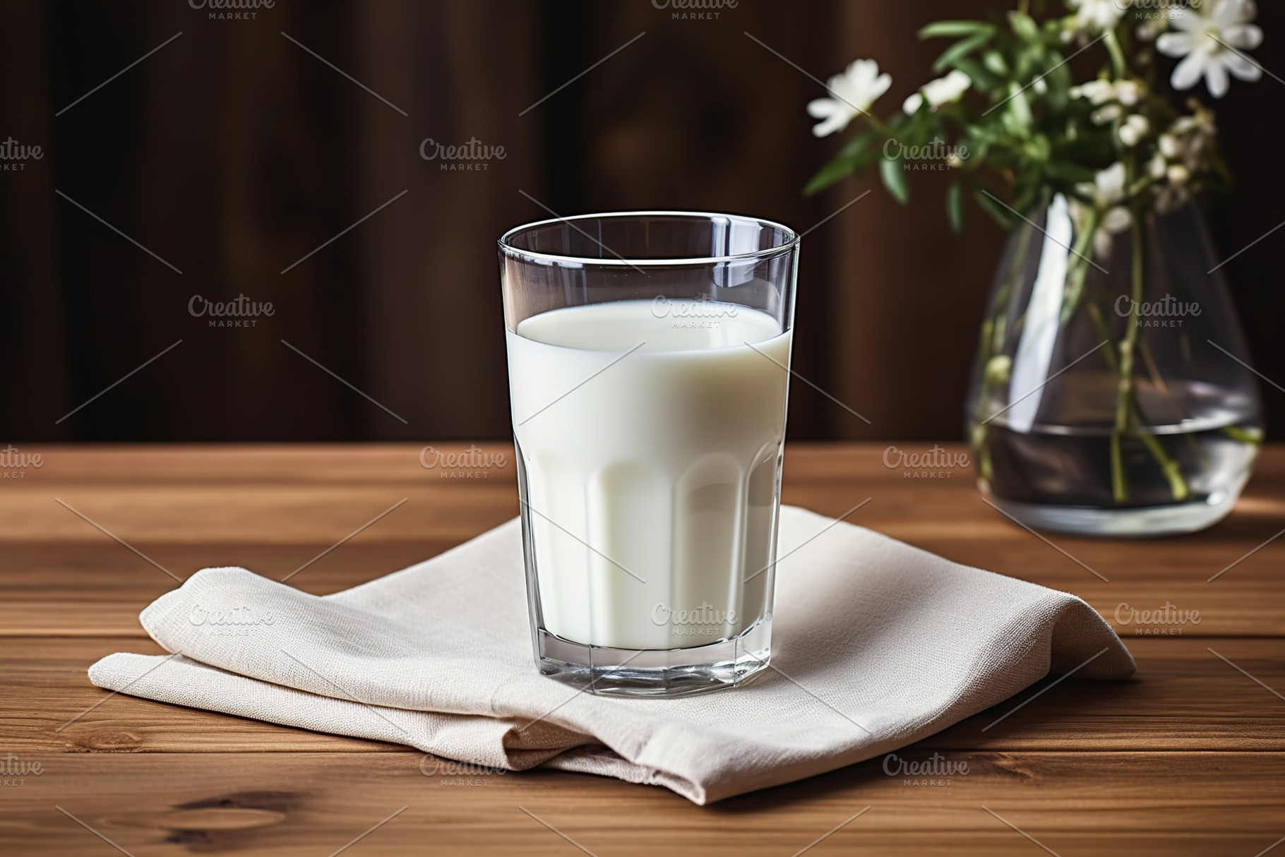 Glass of milk with napkin on wooden table, a Food & Drink Photo by AlyaAnd