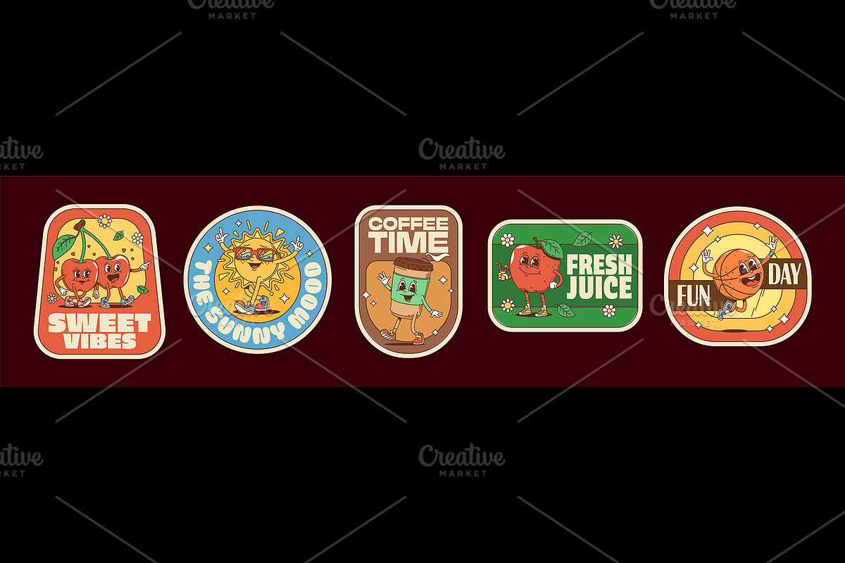 Groovy hippie label stickers patches, a Food Illustration by Vector Tradition (Photo 1 of 3)