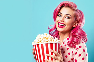 Woman with pink hair and popcorn, a Person Photo by Bunny's Little Shop