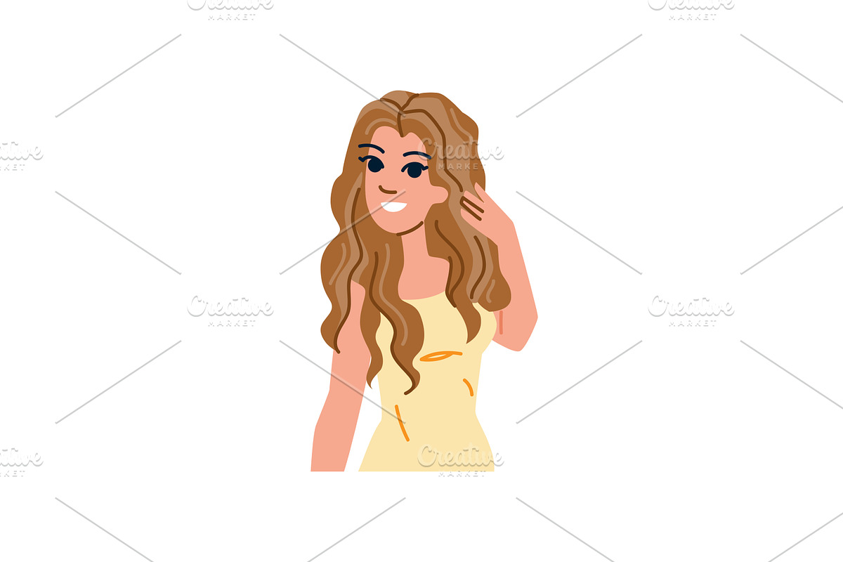 Smiling woman touching long brown, an Object Illustration by pikepicture