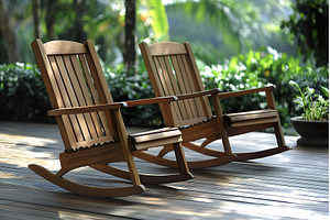 Wooden rocking chairs on sunlit deck, a Nature Photo by Lermont51