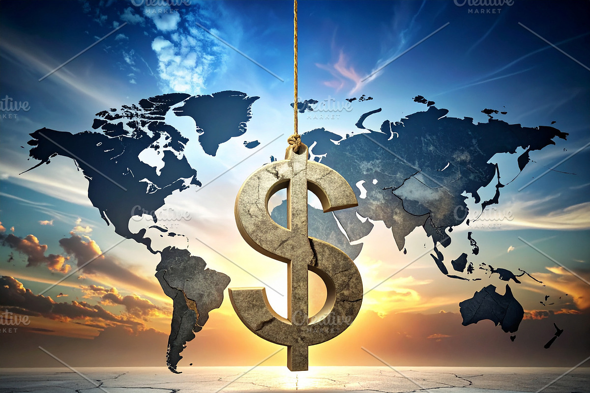 Money symbol formed by cracks suspended by a thin thread over a, a Finance Illustration by DanFLCreativo