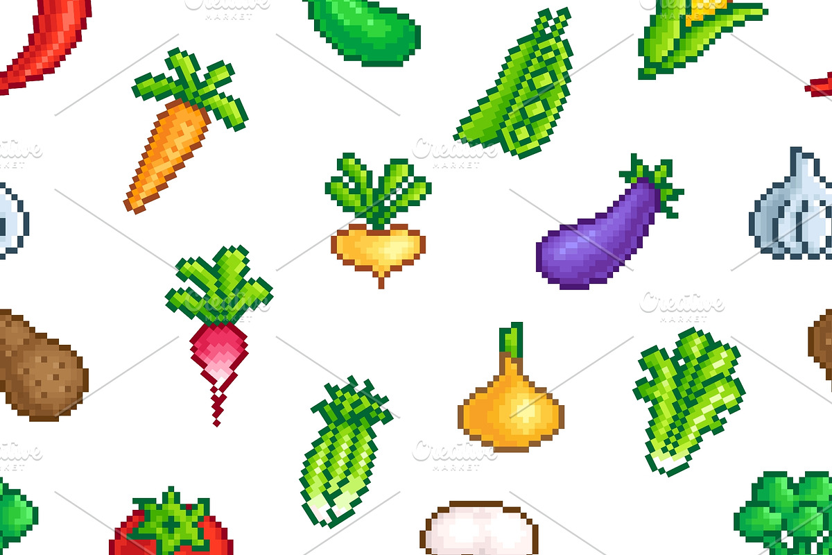 Vegetables seamless pattern. Pixel, a Food Illustration by LadadikArt (Photo 2 of 3)