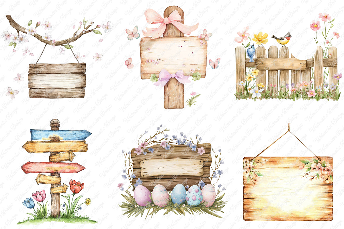 Spring Wooden Signs Clipart, an Illustration by Watercolor design (Photo 3 of 12)