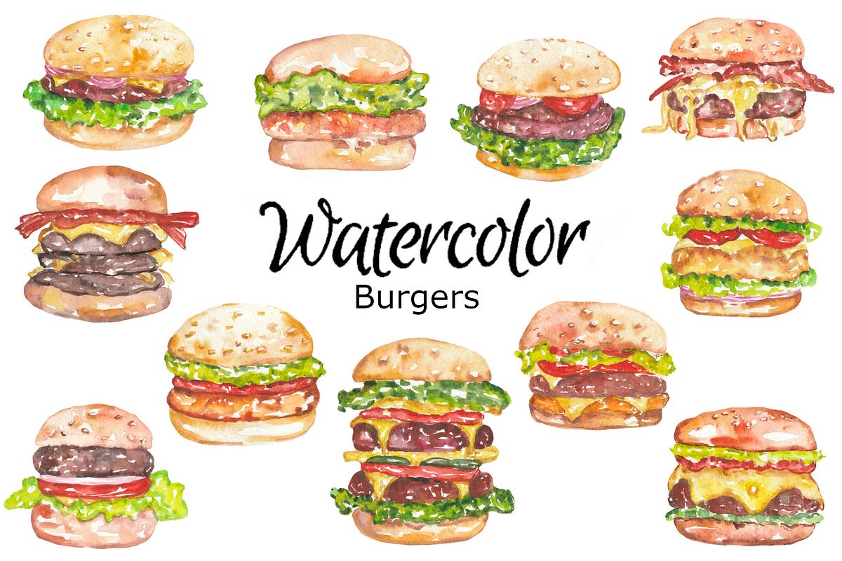 Burgers watercolor clipart, a Background Graphic by GoodFairyClipArt (Photo 1 of 3)