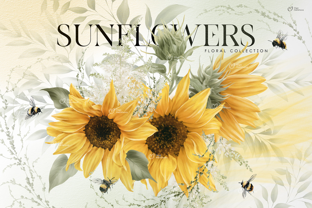 Sunny sunflowers, watercolor flowers, a Texture Illustration by ollalya (Photo 1 of 16)
