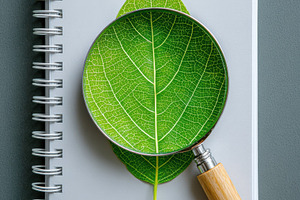 Magnified view of a green leaf with notebook, an Abstract Photo by AlyaAnd