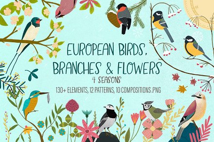 European Bird Branches And Flowers