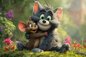 Tom and Jerry hug in a garden friend, a Photo by Pixeness Studio