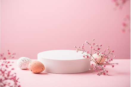 White podium with Easter quail eggs
