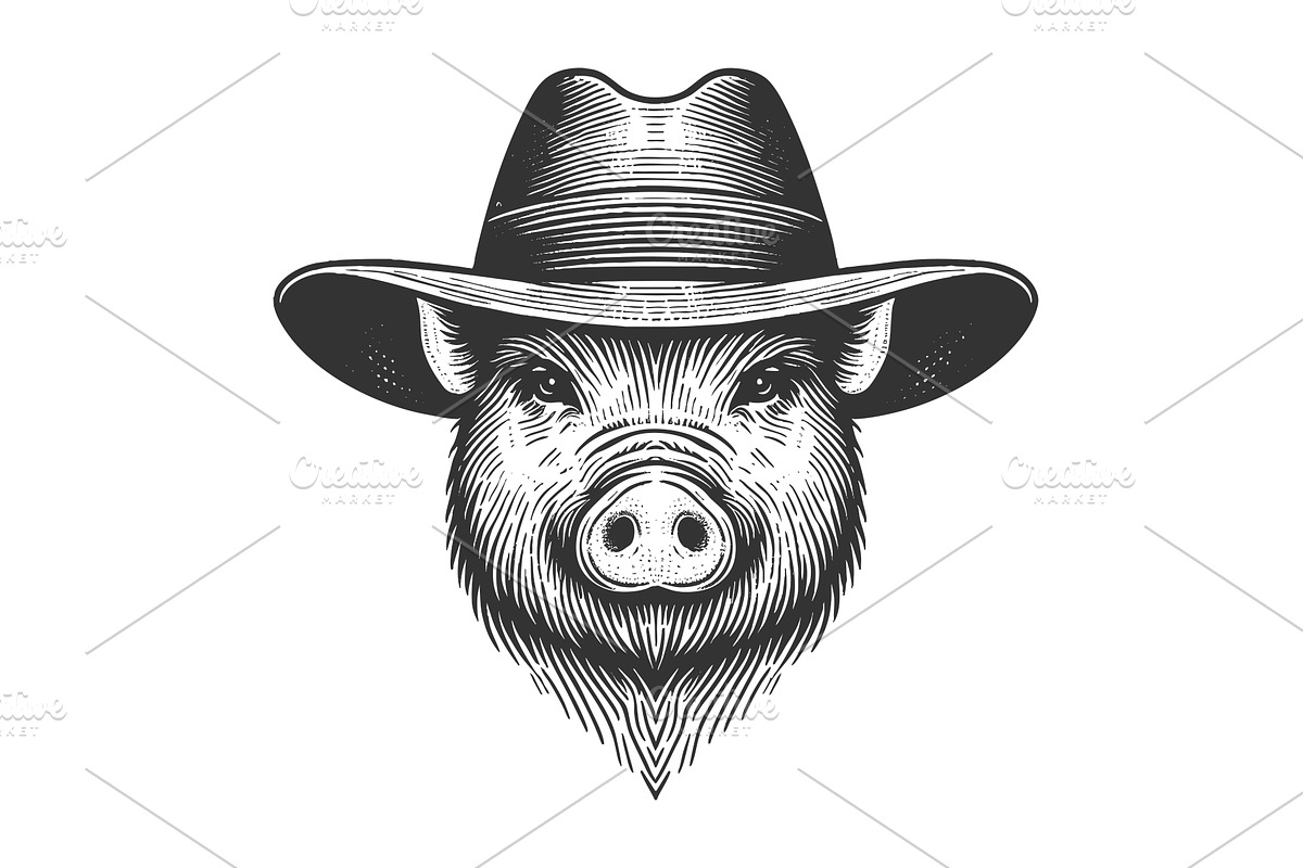 Pig in Hat engraving vector, an Animal Illustration by AlexArt