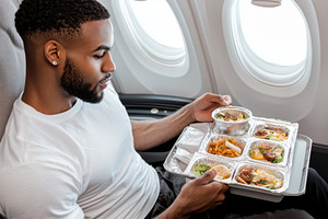 Man eating in-flight meal on airplan, a Photo by Dvoevnore photos