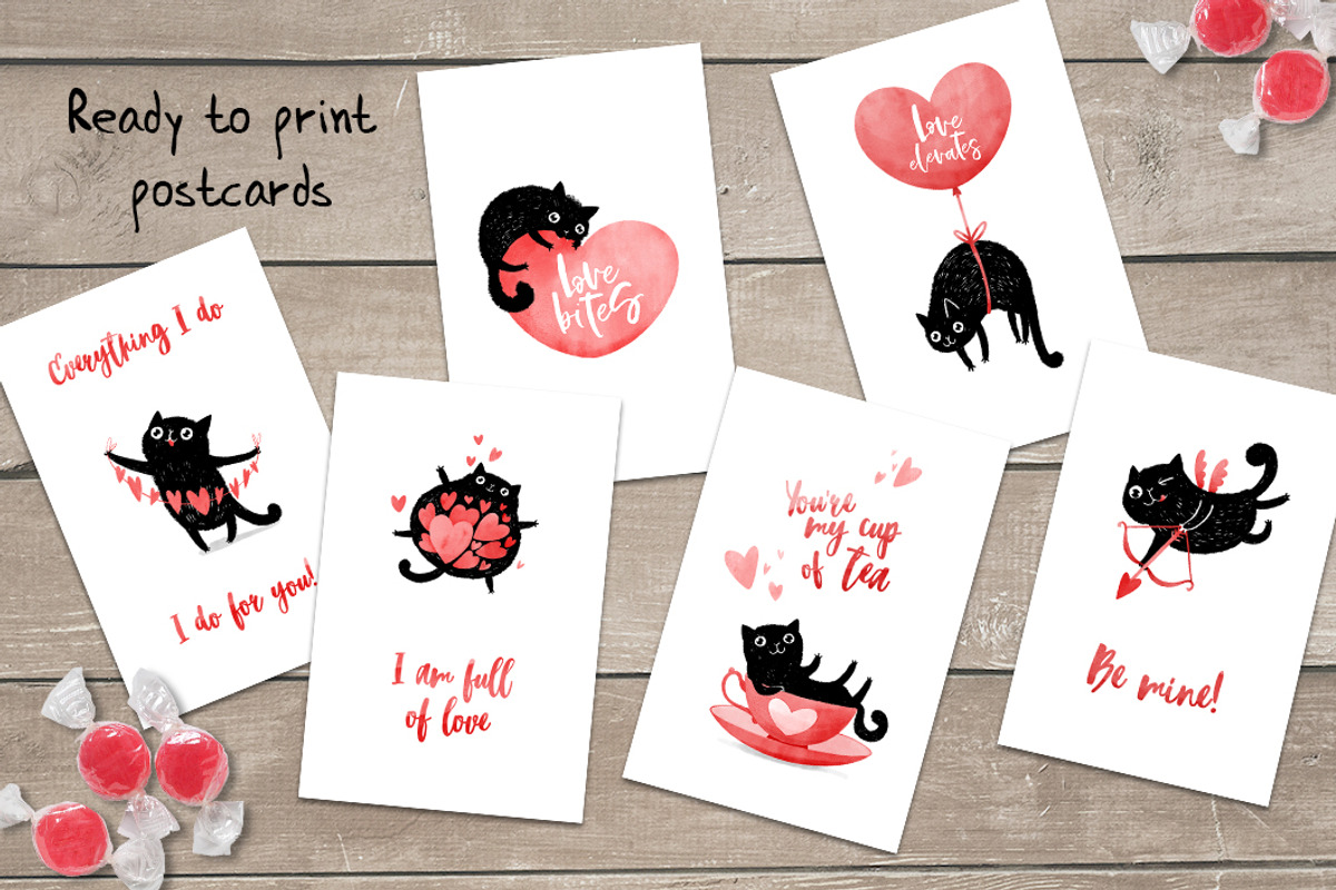 Valentine cats illustrations, a Decorative Illustration by KatPush (Photo 3 of 6)