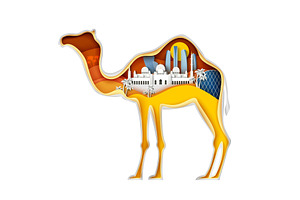 Camel with paper cut arabic city, an Object Illustration by SiberianArt