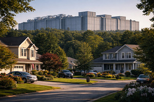 AI data center towering over suburban neighborhood with houses a, a Photo by Dvoevnore photos