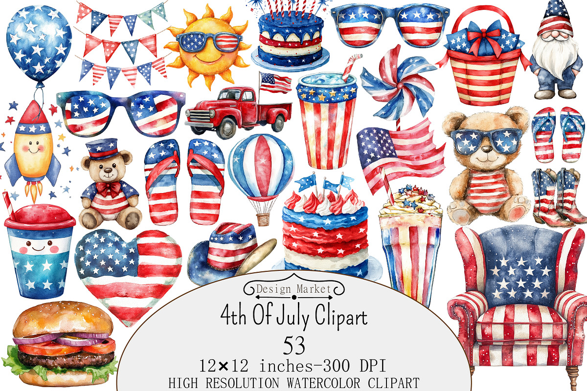 Watercolor 4th Of July Clipart PNG, a Seasonal Illustration by Design Market (Photo 1 of 5)