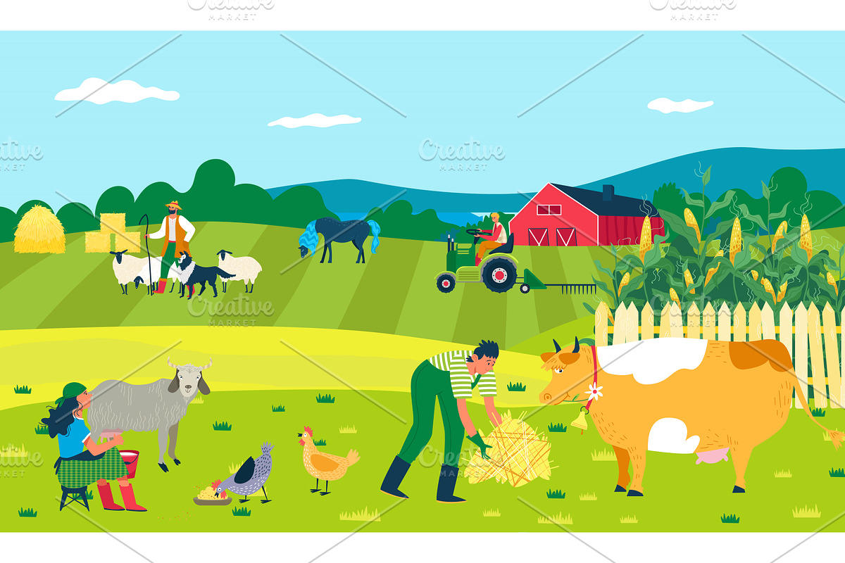 Farm with field, animals, vector, an Animal Illustration by VectorsBang
