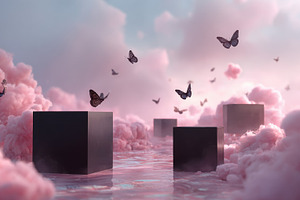 Cubes and butterflies in pink clouds, a Photo by Beautiful things