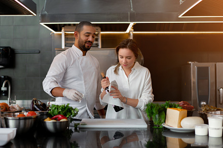Young diverse chefs with red wine bottle in commercial kitchen, a Person Photo by andreonegin market