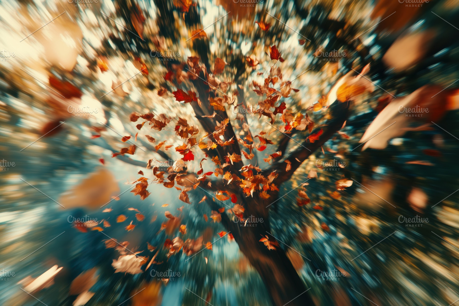 A dynamic view of a tree with colorful autumn leaves swirling around, creating, a Photo by Textures & Backgrounds