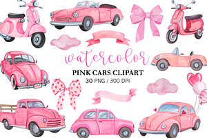 Watercolor Pink Cars Clipart PNG, a Transportation Illustration by PatternPalette