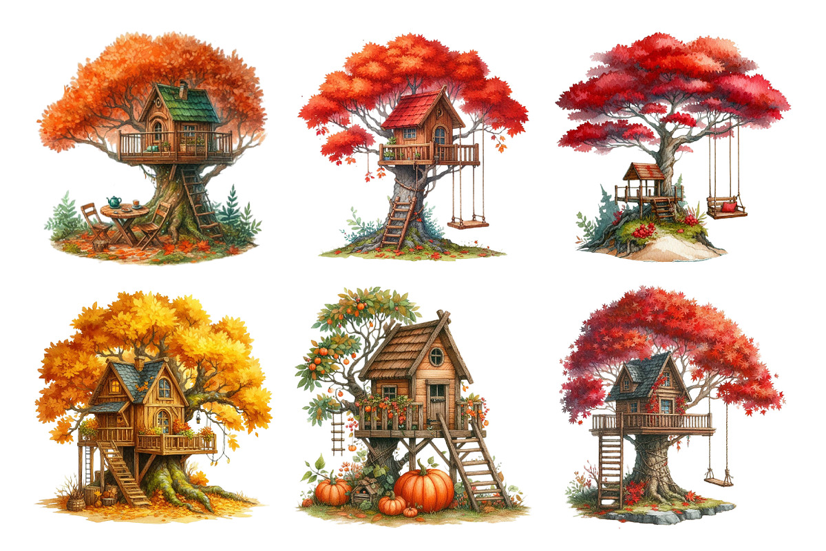 Watercolor Autumn Treehouse Clipart, an Illustration by Daily.Designs (Photo 3 of 5)