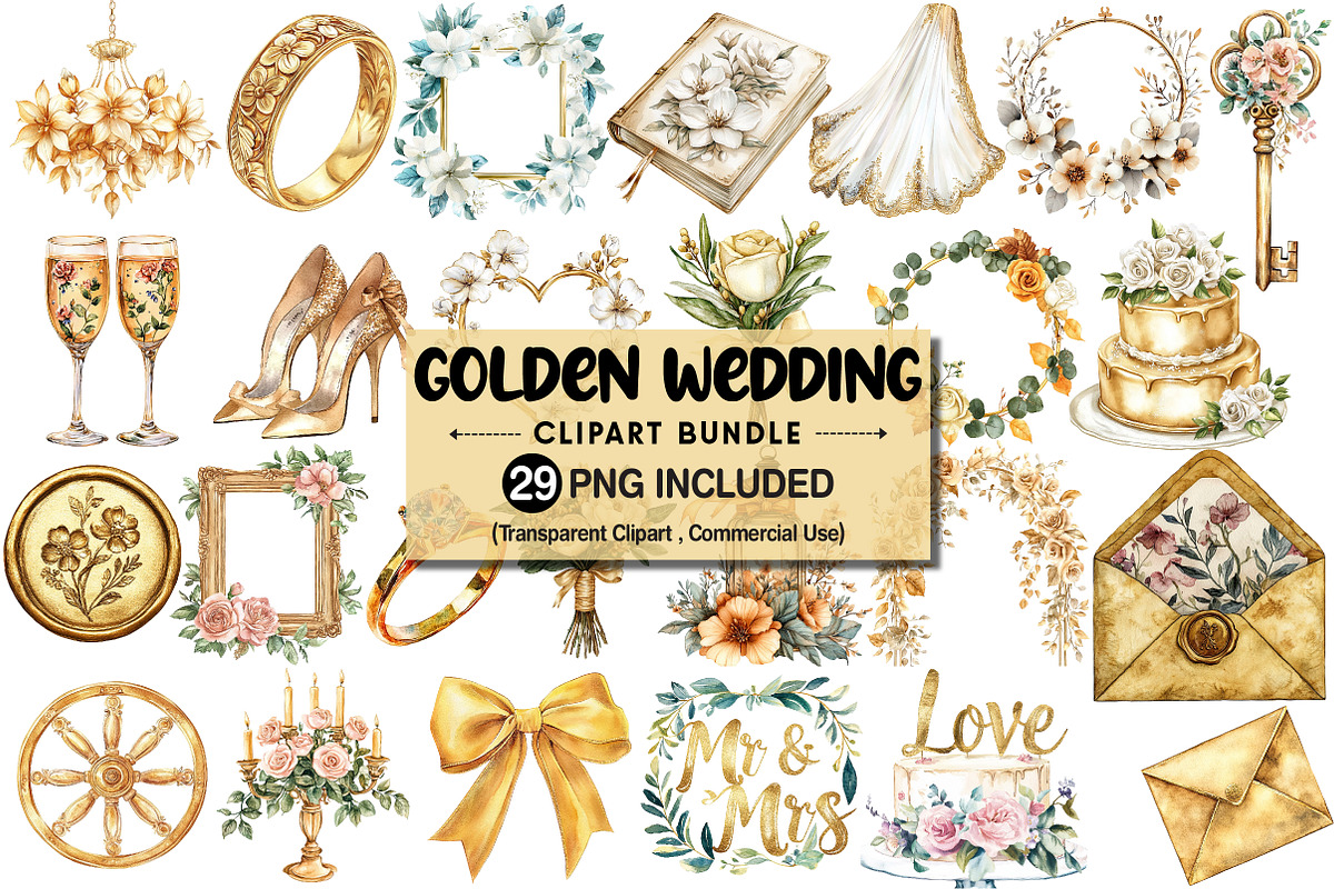 Golden Wedding Decor Clipart, an Illustration by Pixels.Craft (Photo 1 of 7)
