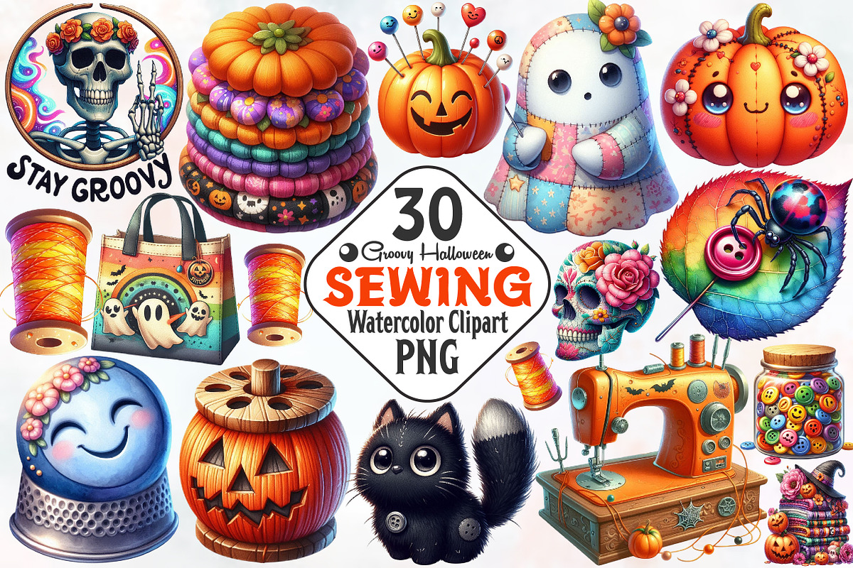 Groovy Halloween Sewing Clipart, an Illustration by RobertsArt (Photo 1 of 7)