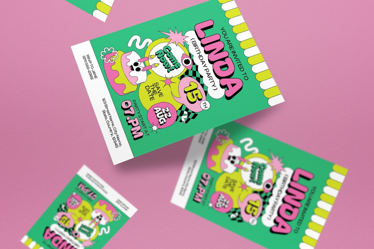 Green Pink Teen Birthday Invitation, an Invitation Template by graphicook (Photo 4 of 6)