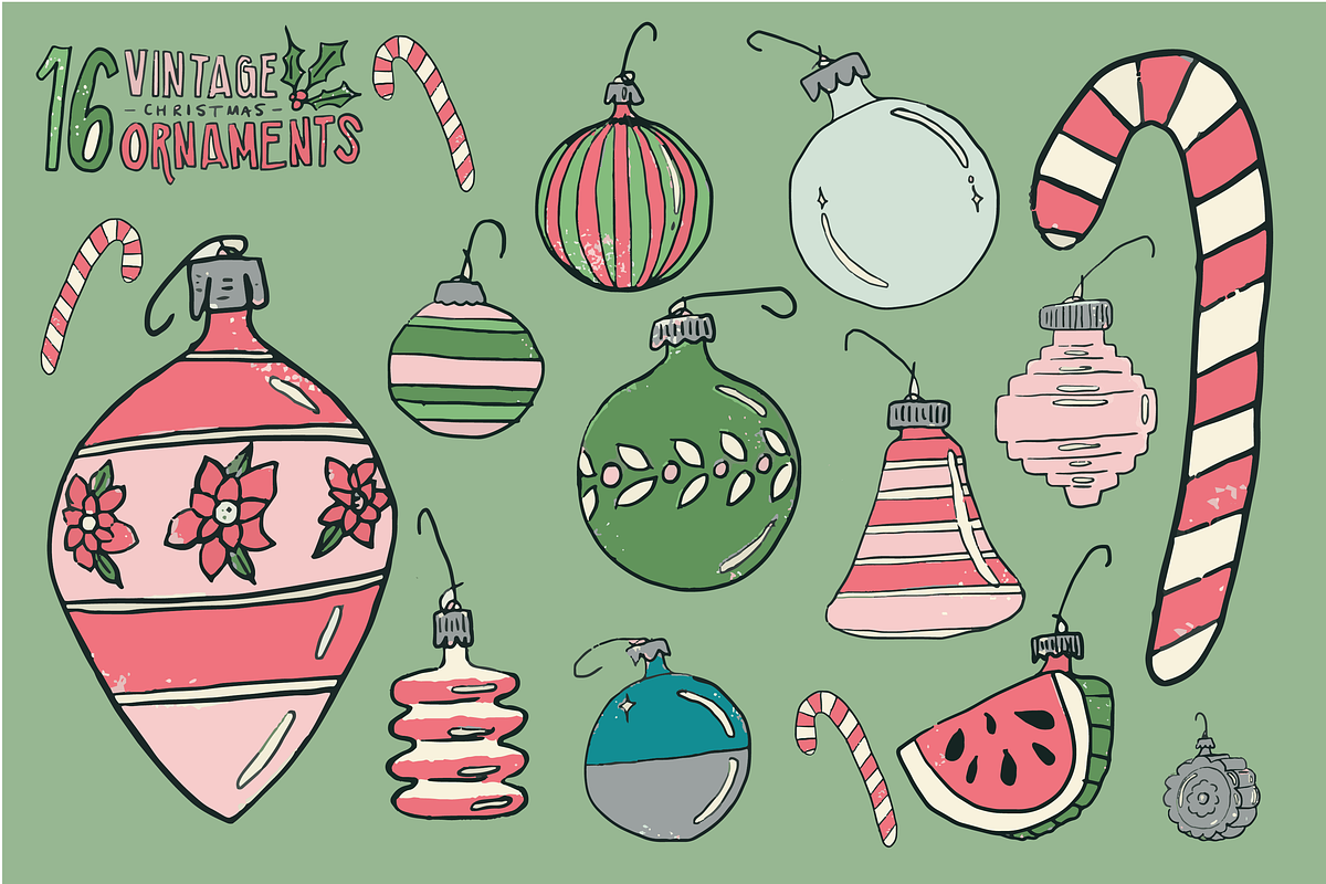 16 Vintage Christmas Ornaments, a Seasonal Illustration by charmellow (Photo 5 of 5)