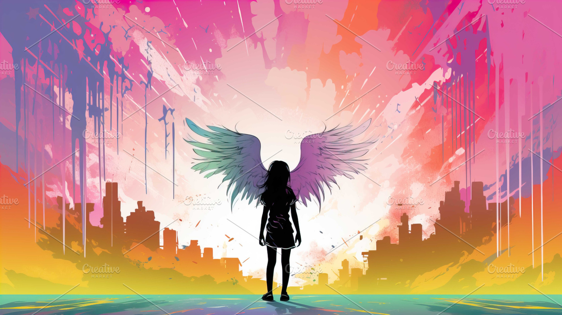 Teenage girl standing against angel, a Photo by LOGOCREATIVE