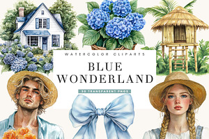 Vintage Blue Wonderland Clipart, a Person Illustration by BusyDaydesign