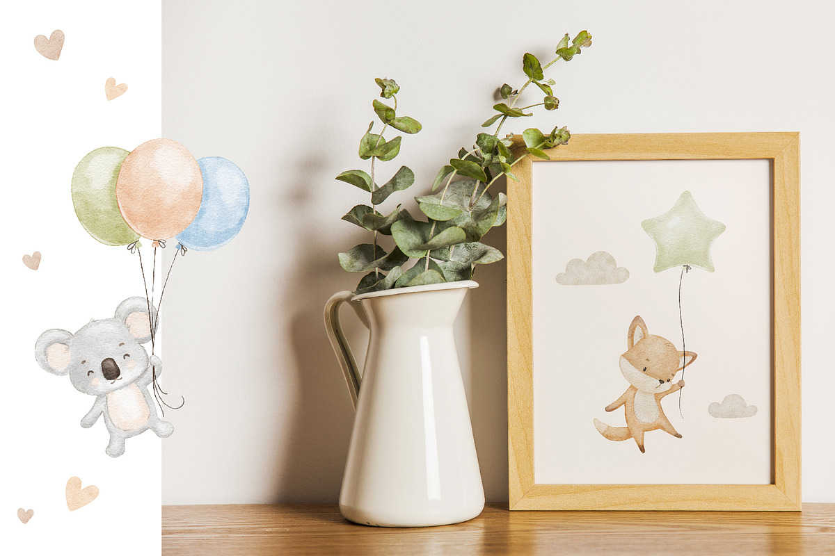 Cute watercolor animals with balloon, an Animal Illustration by ElenaPlatovaArt (Photo 10 of 11)