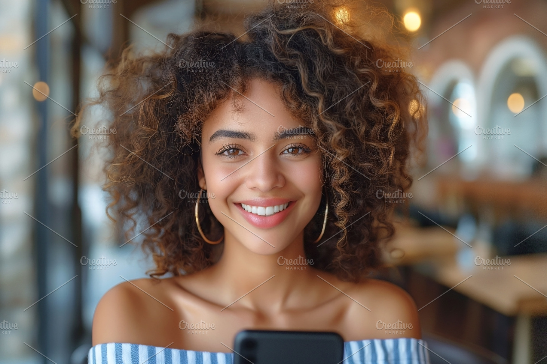 Young woman of mixed ethnicity beams with joy, sitting in a cozy, a Person Photo by ImageMir