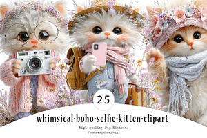 whimsical-boho-selfie-kitten-clipart, a Seasonal Illustration by CreationArt