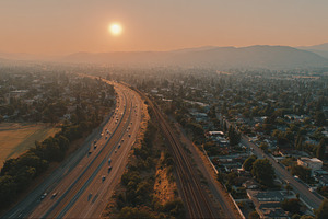 Sunset Highway Aerial View Suburban, a Photo by Pixeness Studio