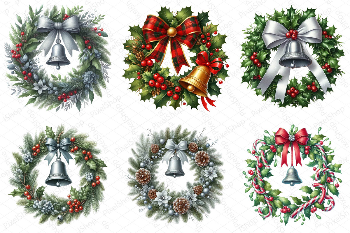 Watercolor Christmas Wreath Bell Cli, an Illustration by DreamPrint404 (Photo 2 of 7)
