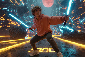 Young man wielding dual lightsabers, a Photo by Pixeness Studio