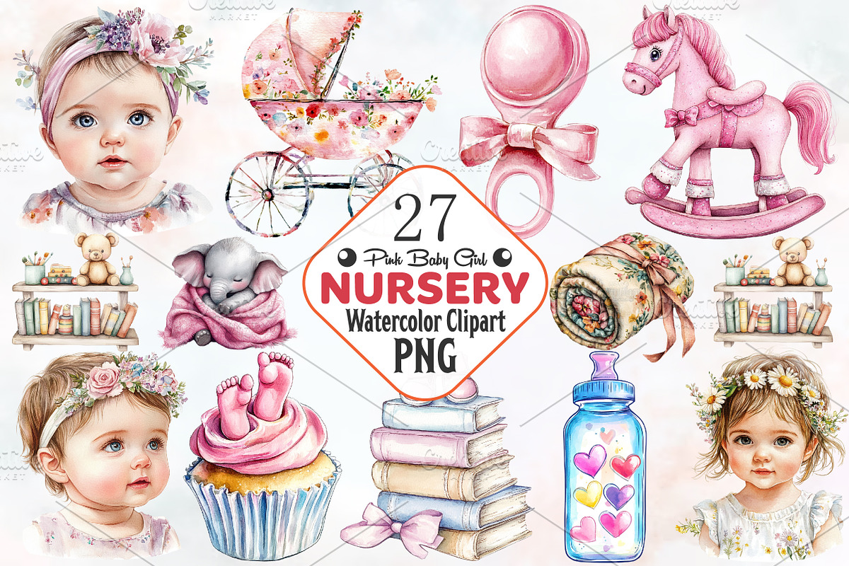 Pink Baby Girl Nursery Clipart, an Illustration by RobertsArt (Photo 1 of 7)