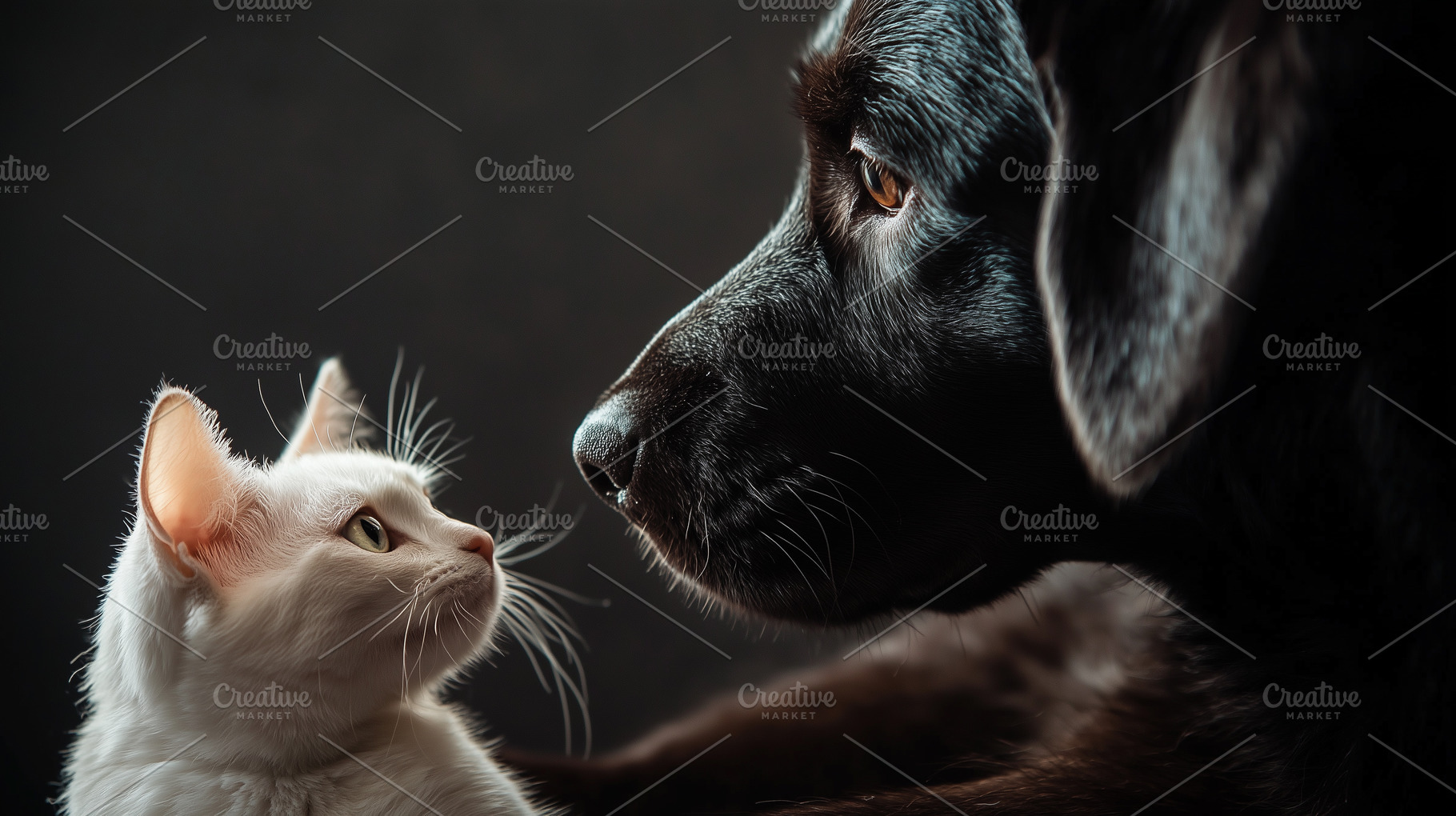 White cat and black dog portrait, an Animal Photo by MistyDay